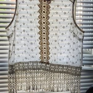 White Eyelet and lace sheer crop top with fringe.